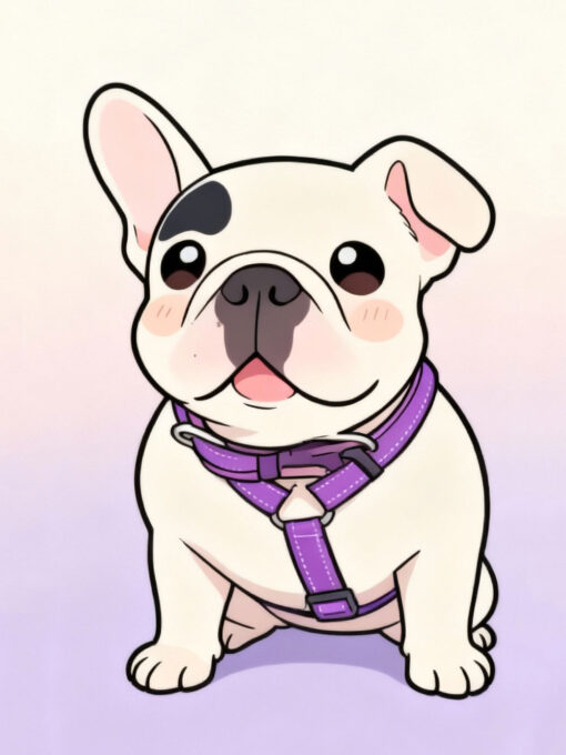 Custom kawaii cartoon pet portrait of a French Bulldog in pastel colors.