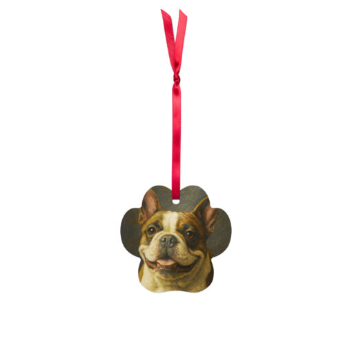 Custom metal ornament in a pet paw shape with red ribbon, featuring a personalized pet photo.