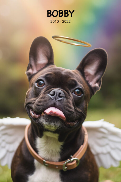 Custom French Bulldog memorial portrait with angel wings, golden halo, and rainbow park background