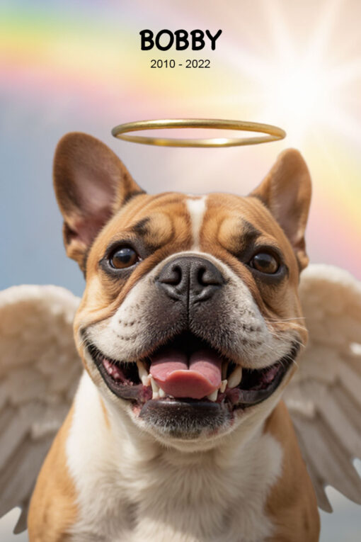 Custom French Bulldog memorial portrait with angel wings, golden halo, and rainbow sky background