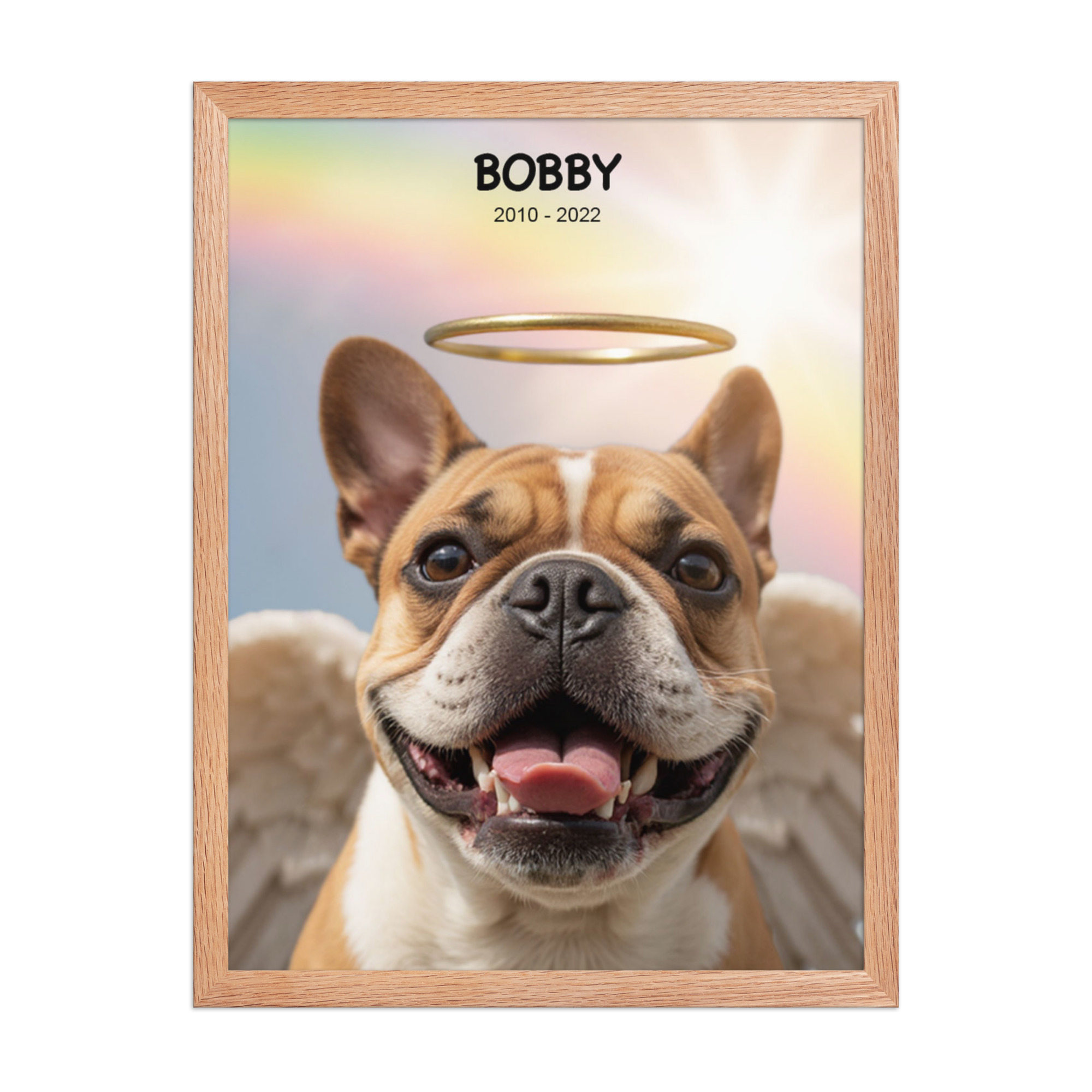 custom-pet-memorial-portrait-rainbow-sky-redoak-framed