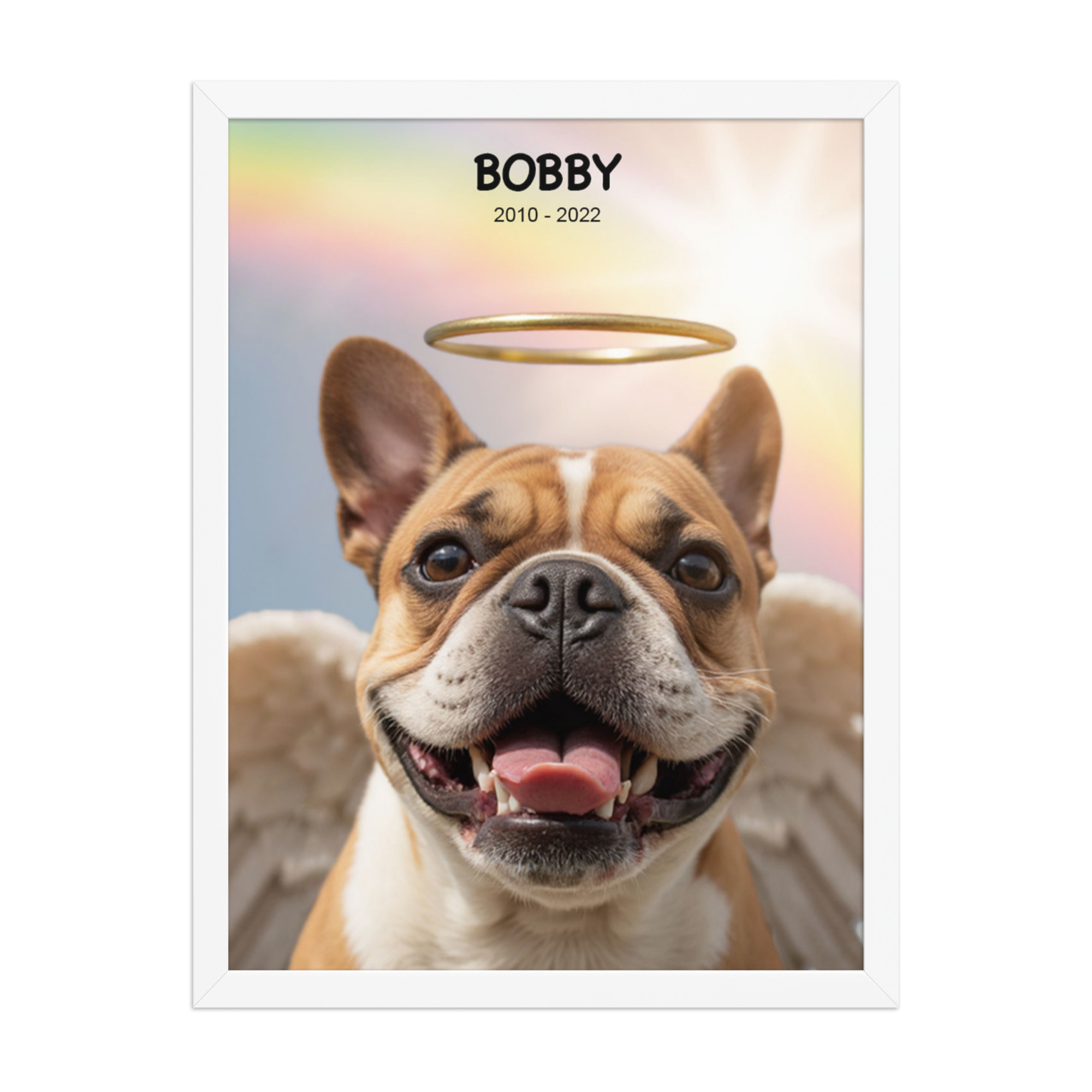 custom-pet-memorial-portrait-rainbow-sky-white-framed