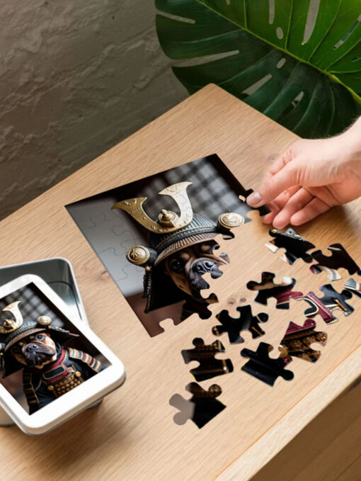 Custom photo jigsaw puzzle with glossy finish and white tin box, available in four sizes