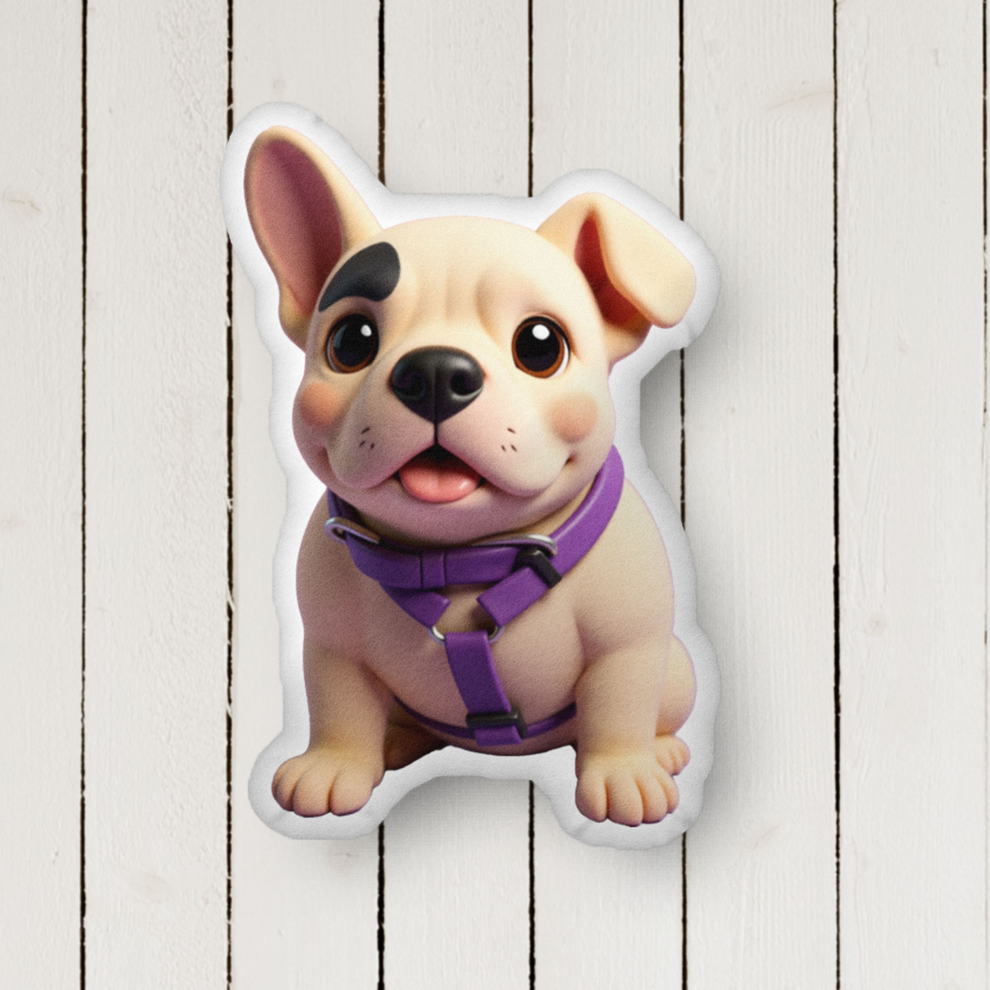 cute custom pet portrait pillow featuring a smiling French Bulldog illustration