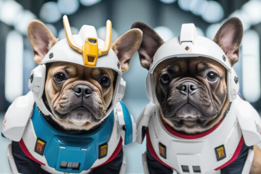 Custom digital Gundam-style pet portrait of a French Bulldog in white, blue, red, and yellow mech armor