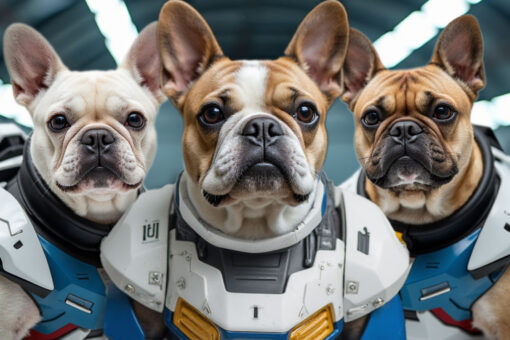 Custom digital Gundam-style pet portrait of a French Bulldog in white, blue, red, and yellow mech armor
