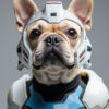 Custom digital Gundam-style pet portrait of a French Bulldog in white, blue, red, and yellow mech armor