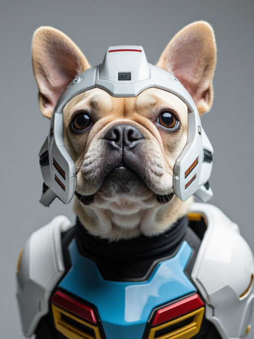 Custom digital Gundam-style pet portrait of a French Bulldog in white, blue, red, and yellow mech armor