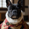Custom digital Japanese royal pet portrait of a French Bulldog in traditional imperial attire
