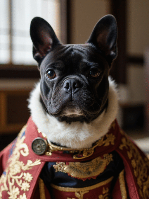 Custom digital Japanese royal pet portrait of a French Bulldog in traditional imperial attire