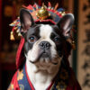 Custom digital Kabuki pet portrait of a French Bulldog in vivid Japanese theater costume and makeup