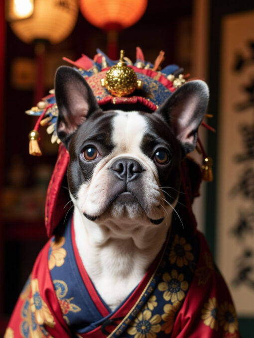 Custom digital Kabuki pet portrait of a French Bulldog in vivid Japanese theater costume and makeup