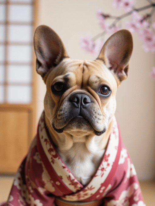 Custom digital pet portrait of a French Bulldog wearing a traditional female Japanese kimono with seasonal floral patterns