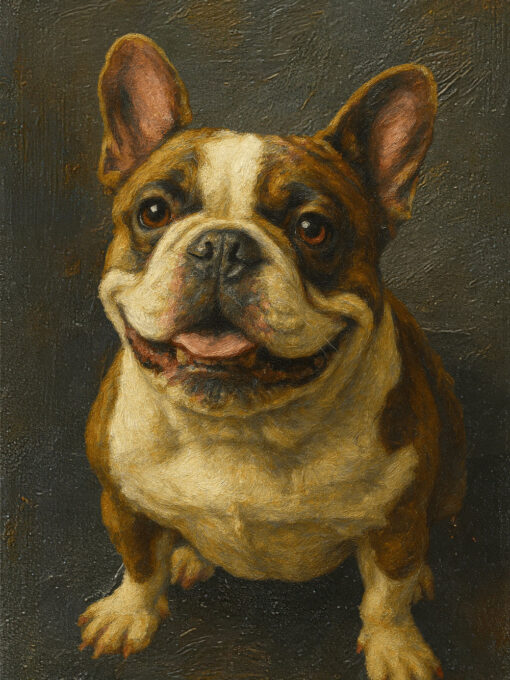 Digital oil painting style custom pet portrait of a French Bulldog with rich painterly textures
