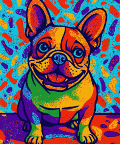 Custom digital pop art pet portrait of a French Bulldog with vibrant colors and comic-style design