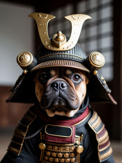 Custom digital samurai-style pet portrait of a French Bulldog wearing traditional Japanese armor