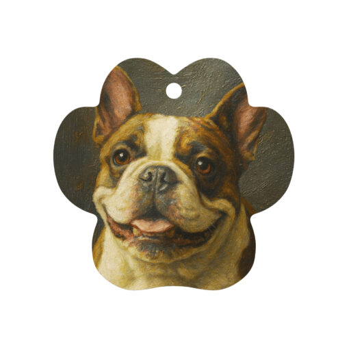 Custom metal ornament in a pet paw shape with red ribbon, featuring a personalized pet photo.