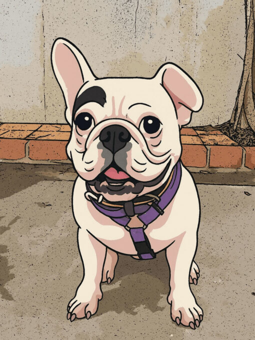 Semi-realistic cartoon pet portrait of a French Bulldog