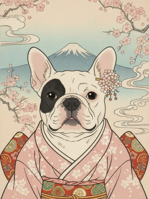 Japanese semi-realistic spring pet portrait, female theme with cherry blossoms