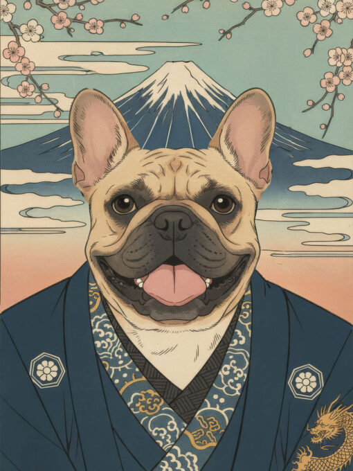 Japanese semi-realistic spring pet portrait, male theme with cherry blossoms
