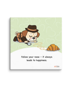 Cute beagle illustration dressed as a detective sniffing a croissant with the quote “Follow your nose – it always leads to happiness.”