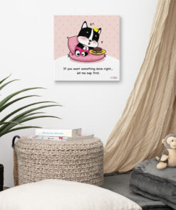 Cute French Bulldog illustration sleeping on pink cushion beside chocolate cake with quote “If you want something done right… let me nap first.”