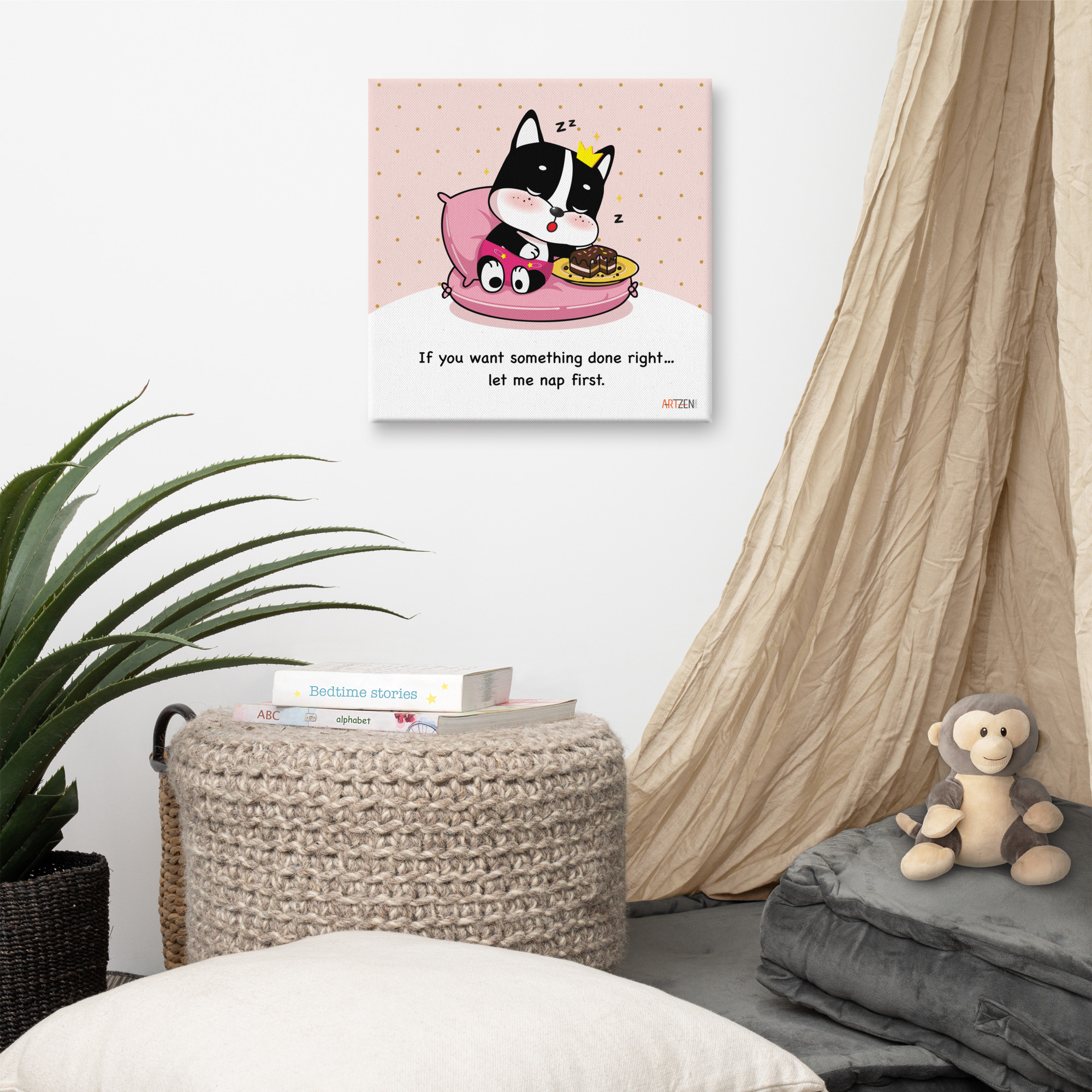 Frenchie Princess Bean Canvas Wall Art – “Let Me Nap First” Cute Dog Illustration Cute French Bulldog illustration sleeping on pink cushion beside chocolate cake with quote “If you want something done right… let me nap first.”