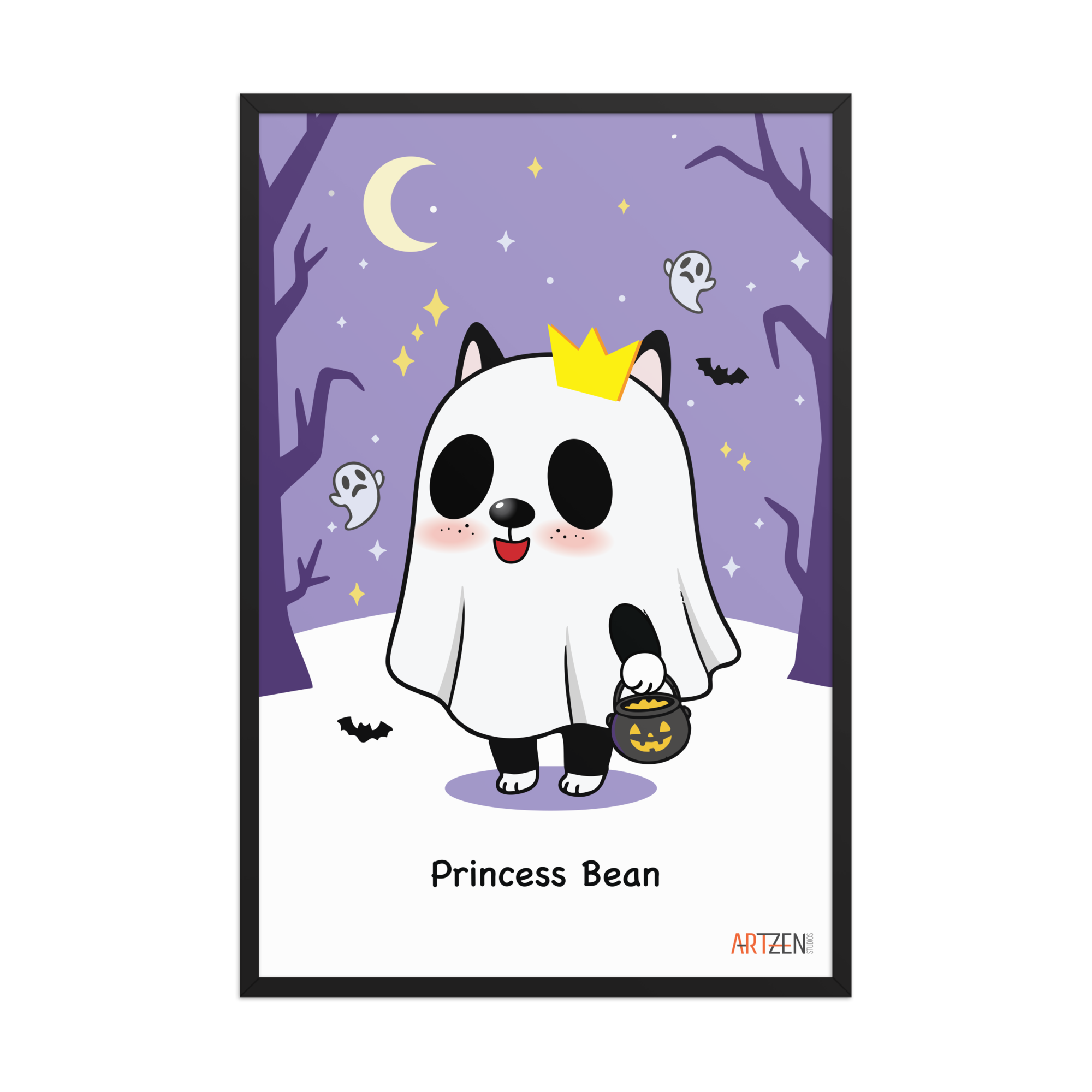 custom-pet-cartoon-portrait-Frenchie-Halloween-artzen-studios_BlkFramed