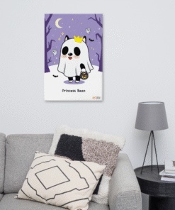 Custom cartoon portrait of a French Bulldog in a Halloween theme, hand-illustrated from a photo, canvas mockup.