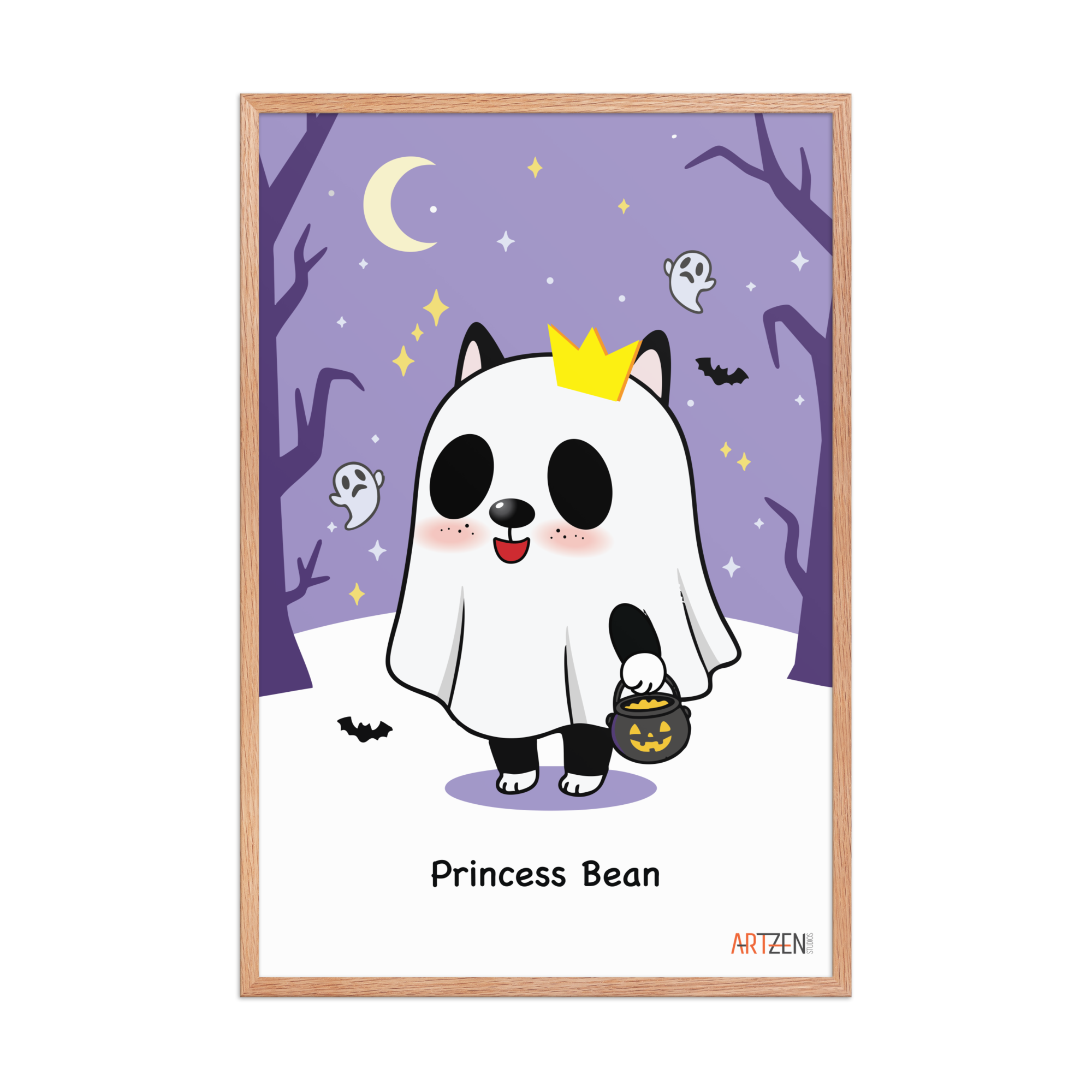 custom-pet-cartoon-portrait-Frenchie-Halloween-artzen-studios_RedOakFramed