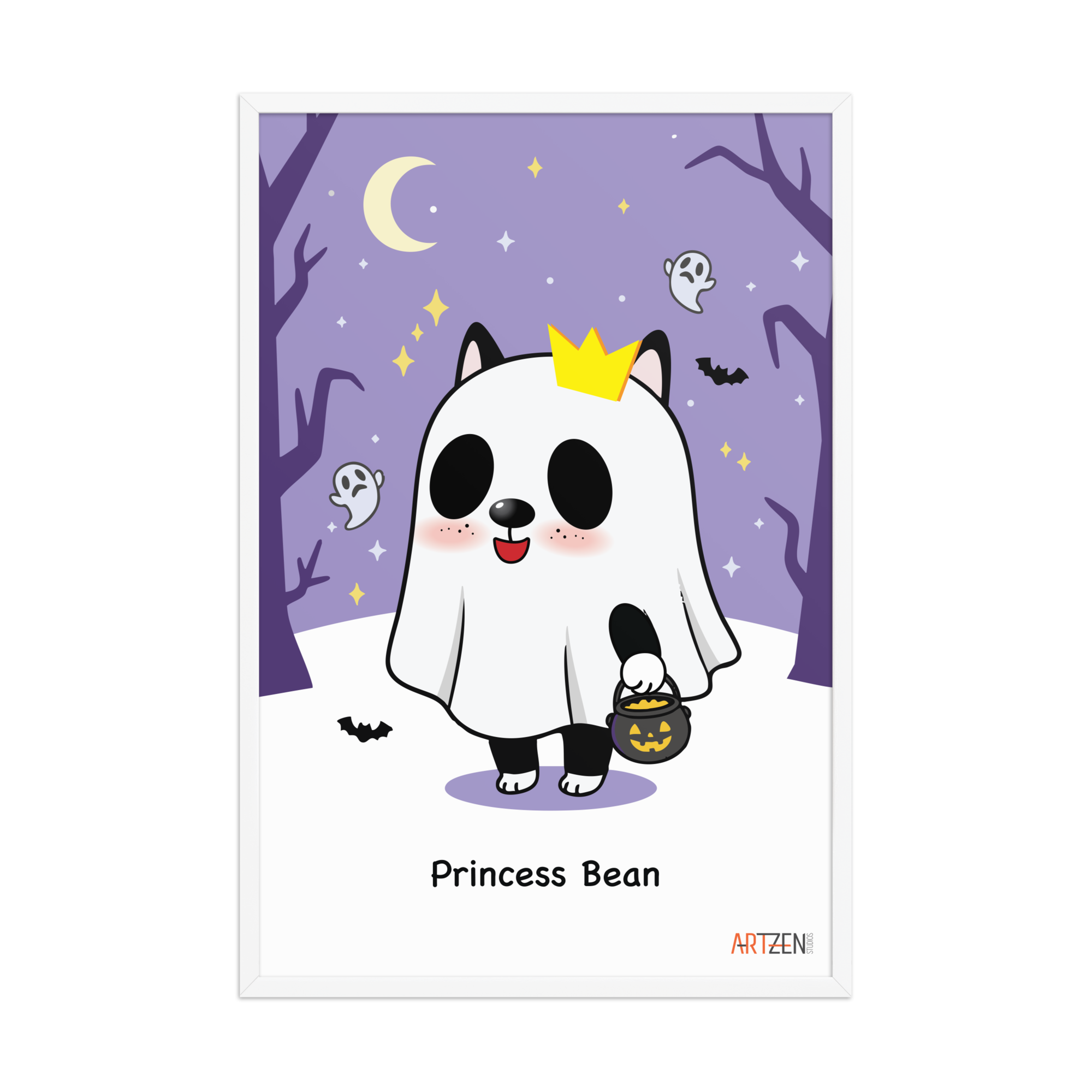 custom-pet-cartoon-portrait-Frenchie-Halloween-artzen-studios_WhiteFramed