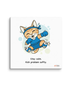 Cute orange tabby cat named Kaju wearing Muay Thai wraps performing a kick with text “Stay Calm. Kick Problem Softly.”