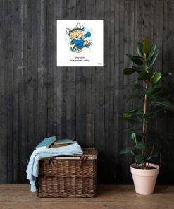 Cute orange tabby cat named Kaju wearing Muay Thai wraps performing a kick with text “Stay Calm. Kick Problem Softly.”