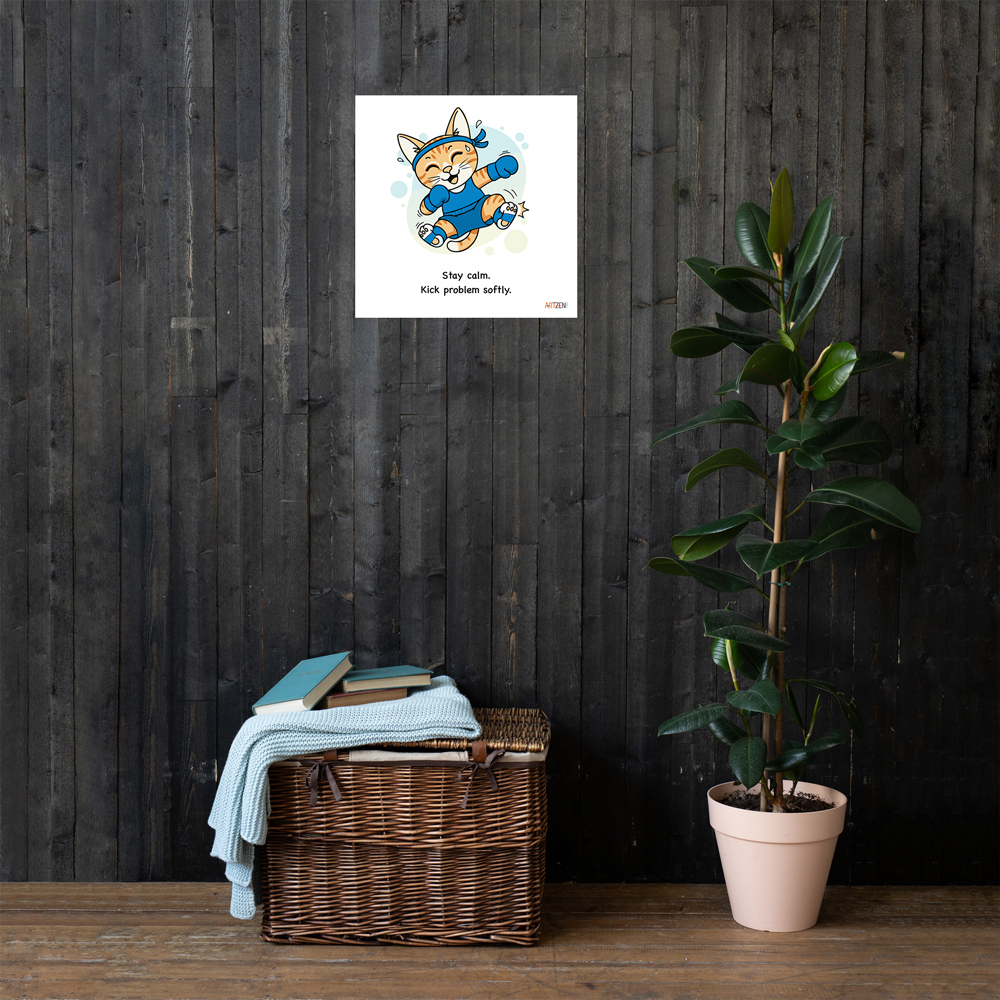 Muay Thai Cat Kaju Canvas Wall Art – “Stay Calm. Kick Problem Softly.” Motivational Cat Illustration Cute orange tabby cat named Kaju wearing Muay Thai wraps performing a kick with text “Stay Calm. Kick Problem Softly.”