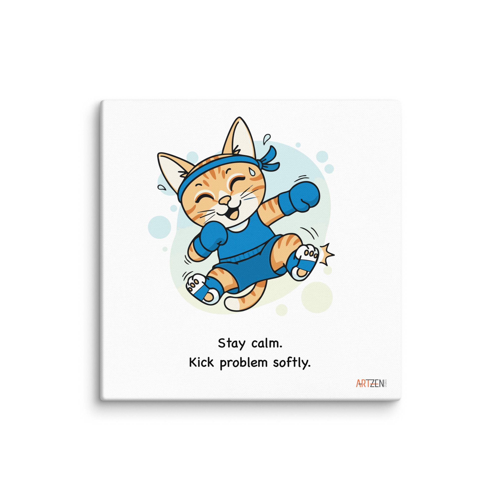 Muay Thai Cat Kaju Canvas Wall Art – “Stay Calm. Kick Problem Softly.” Motivational Cat Illustration Cute orange tabby cat named Kaju wearing Muay Thai wraps performing a kick with text “Stay Calm. Kick Problem Softly.”