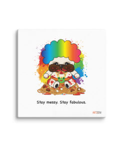 Cute pug named Snax Don wearing a colorful rainbow afro sitting in spilled spaghetti and meatballs, text “Stay Messy. Stay Fabulous.”