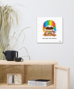 Cute pug named Snax Don wearing a colorful rainbow afro sitting in spilled spaghetti and meatballs, text “Stay Messy. Stay Fabulous.”