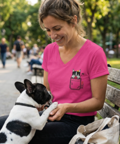 womens v neck t shirt with princess bean embroidery front and pardon my frenchie back print berry color mockup