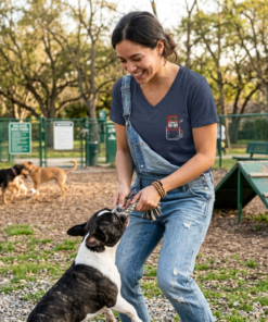 womens v neck t shirt with prince chalk embroidery front and pardon my frenchie back print heather navy mockup