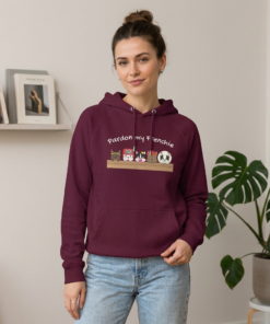 eco raglan hoodie with frenchie chaos crew design female model front design mockup