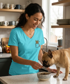 womens v neck t shirt with Bounce Chub embroidery front and pardon my frenchie back print turquoise frontside