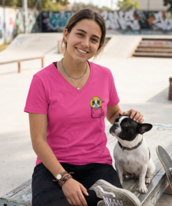 womens v neck t shirt with Monster Spike embroidery front and pardon my frenchie back print berry mockup