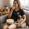 womens v neck t shirt with Snax Don embroidery front and pardon my frenchie back print black mockup
