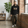 eco raglan hoodie with frenchie chaos crew design Male model front design mockup