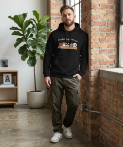 eco raglan hoodie with frenchie chaos crew design Male model front design mockup