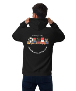 eco raglan hoodie with frenchie chaos crew design male model back design