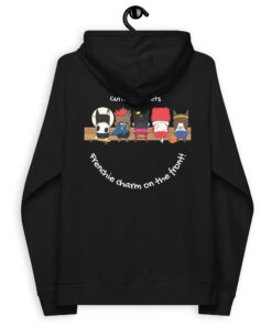 Pardon My Frenchie eco raglan hoodie with cartoon french bulldog characters black color back design