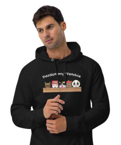 eco raglan hoodie with frenchie chaos crew design male model front design