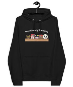 Pardon My Frenchie eco raglan hoodie with cartoon french bulldog characters black color front design