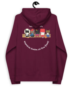 Pardon My Frenchie eco raglan hoodie with cartoon french bulldog characters burgundy color back design